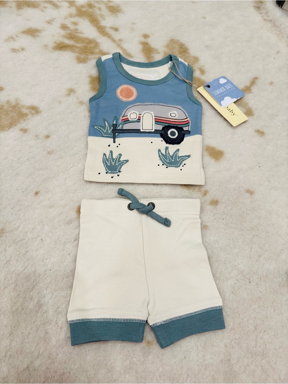 L'ovedbaby Blue & Cream Baby Tank Top with Playful Patch